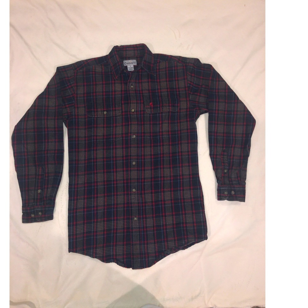 Carhartt Mens Small Red Black Plaid Heavy Flannel Long Sleeve Button Down (313)